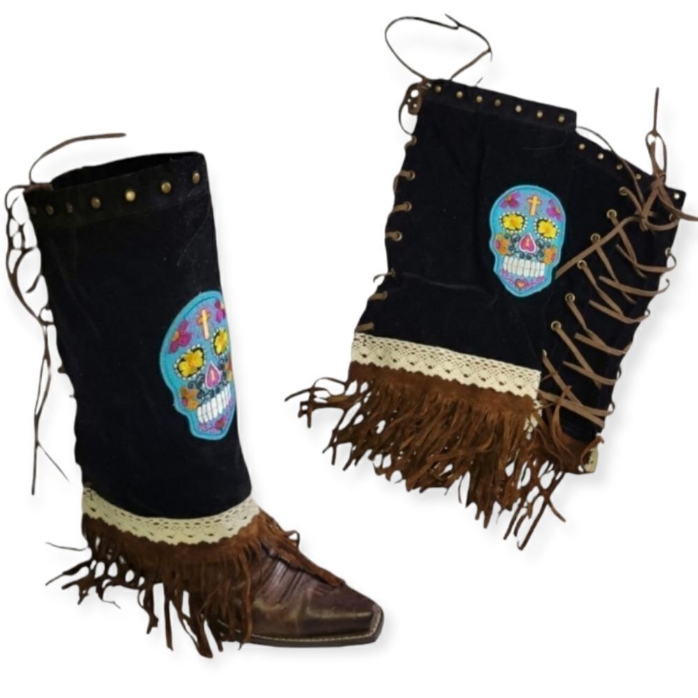NWT Sugar Skull Women's Black Western Cowboy Fringe Boot‎ Covers  Adjustable